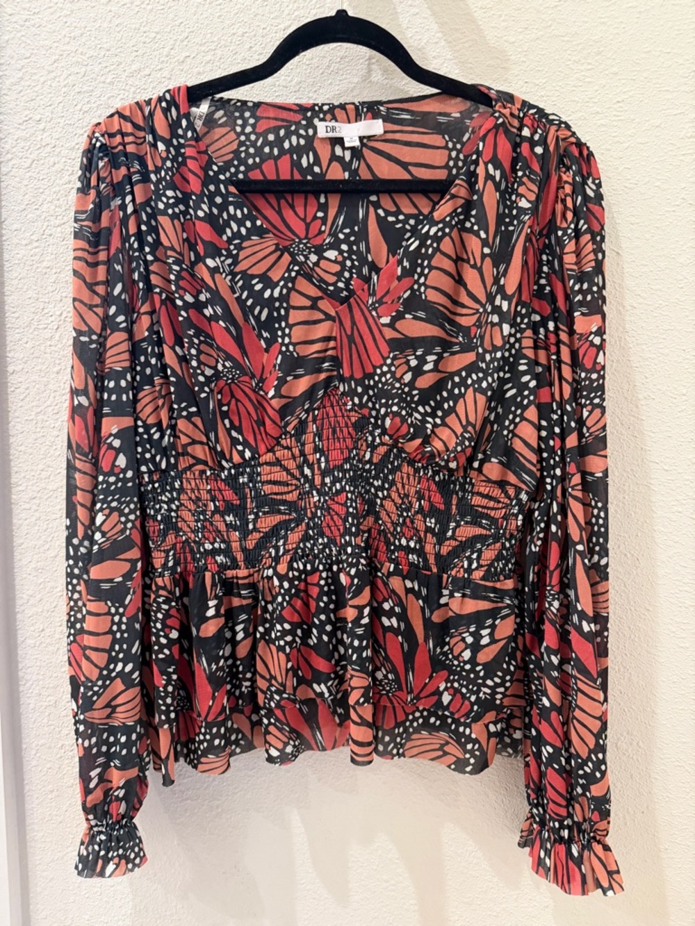DR2 Coral and Black Butterfly-Print Smocked Waist Blouse